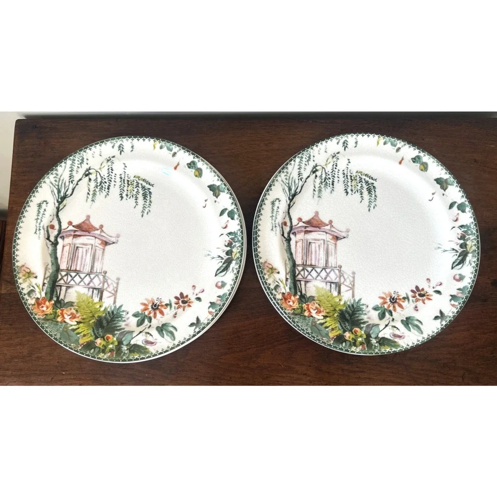 Pottery Barn “Chinoiserie” Pagoda Dinner Plates 10.75” Crazed Finish Set of 4